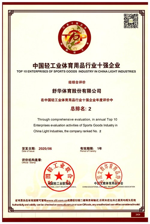 恭贺JN江南体育官方网站体育代理的品牌-舒华荣获"中国轻工业体育用品行业十强企业"